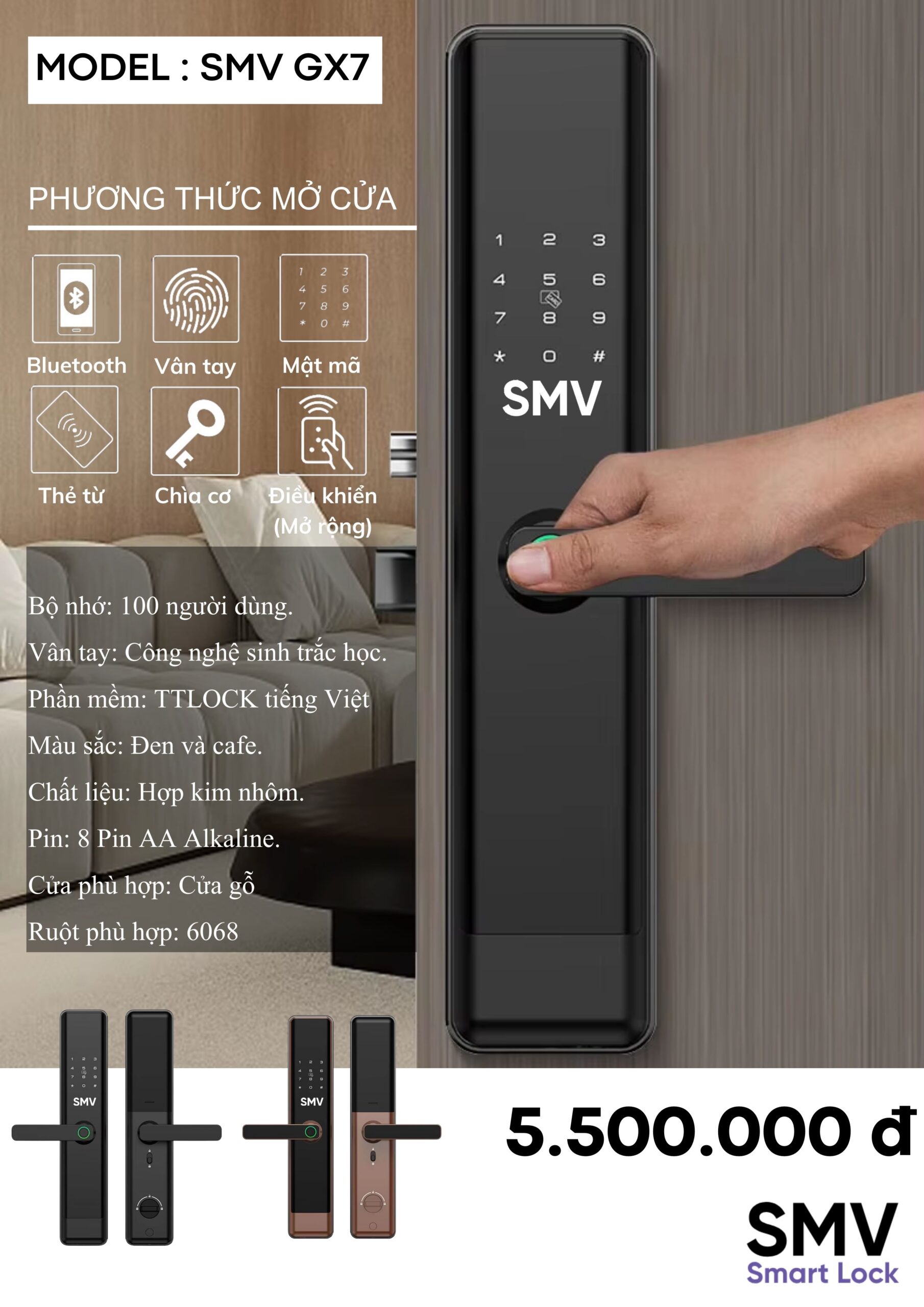 Khoá vân tay SMV GX7 cho cửa gỗ